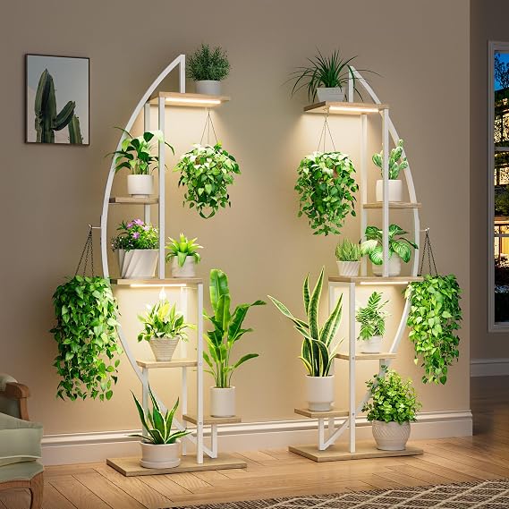 BACEKOLL 63" Metal Plant Stand Indoor With Grow Lights - 6 Tiered Tall Shelf for Multiple Plants, Half-Moon Rack Display, Holder for Living Room, Patio - White
