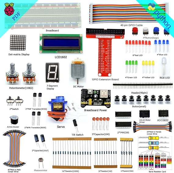 Adeept Super Starter Kit for Raspberry Pi 3, 2 Model B B+ LCD1602 Servo Motor C and Python Code, Beginner Starter Kit with User Manual Guidebook