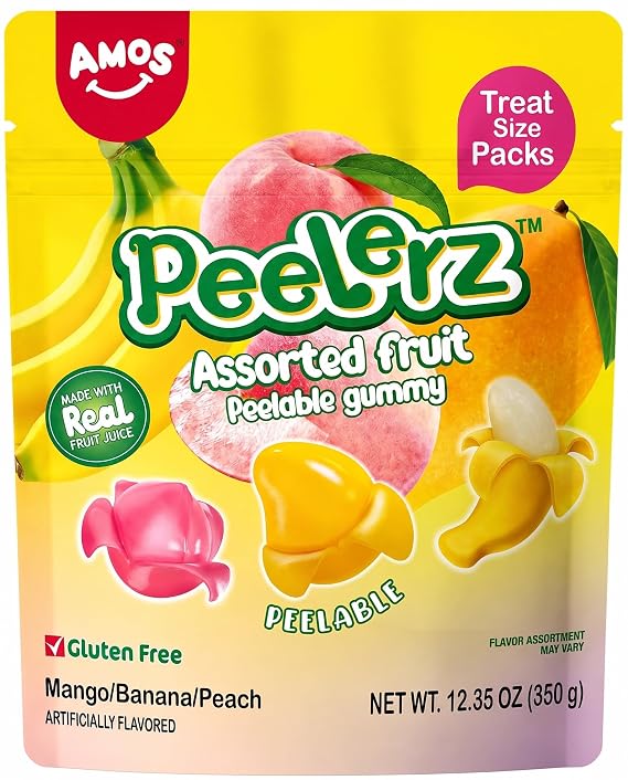 Amos Peelerz Gummy Peeling Candy Fruit Flavor Variety Pack, Peelable Snacks, Snack Size Bags, 12.25oz Peach, Mango, Banana (Pack of 1)