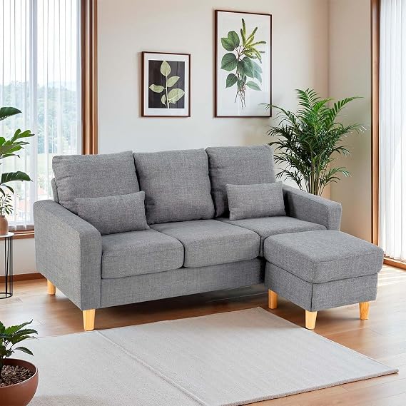 3 Seater Sofa with Storage Ottoman, Square Arms, Light Grey Fabric