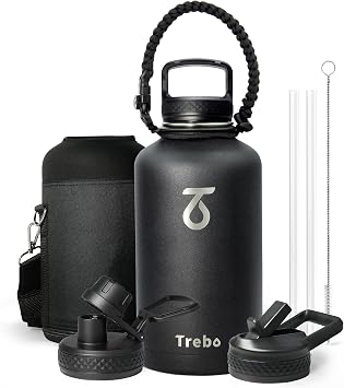 Trebo Insulated Water Bottle 2 L with Paracord Handle Wide Mouth Double Wall Stainless Steel Keep Cold 48 Hours Water Bottle with 3 Lids, Black