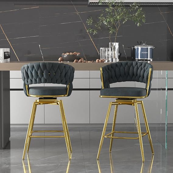 Swivel Bar Stools Set of 2, Modern 360 Swivel Bar Stools, 23 inch Modern Bar Chairs with Woven Back & Footrest, Counter Height Bar Stools for Kitchen Island, Cafe, Bar, Wet Counter