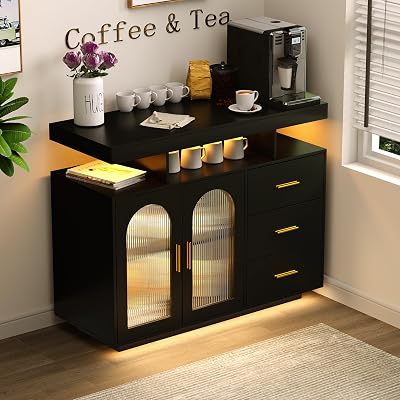 Buffet Cabinet with Storage, Modern Coffee Bar Table with 3 Drawers and 2 Doors for Kitchen, 20-Color LED Lights Sideboard Buffet Cabinet with Charging Station, Black