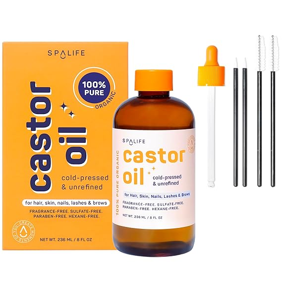 SpaLife Organic Cold Pressed Castor Oil for Face, Brows, Hair, Skin, Nails, Lashes | Hexane Free Cold Pressed Castor Oil & 2x Brow Brushes, 2x Lash Line Applicators, and Dropper | 8 FL OZ