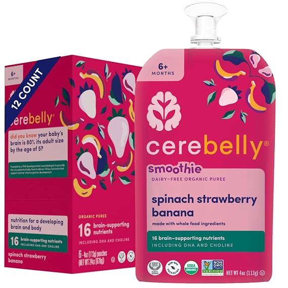 Cerebelly Organic Baby Food Pouches, Spinach Strawberry Smoothie, 12ct