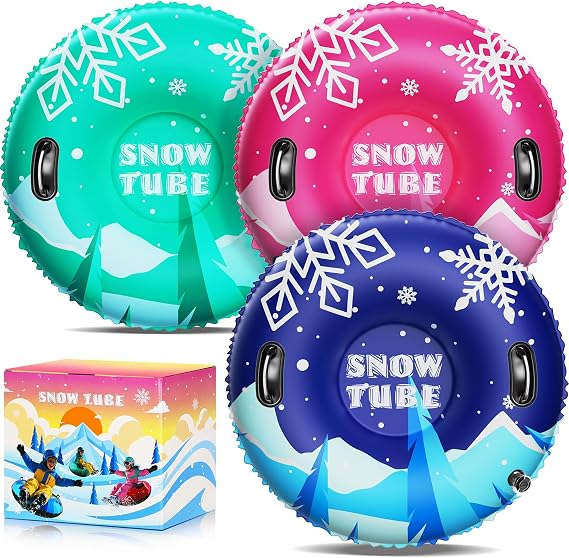 36 Inch 3-Pack Inflatable PVC Snow Tubes for Adults & Kids - Family Outdoor Winter Sledding Set with Thickened Hard Bottom & Handles for Safe Winter Snow Sports Fun