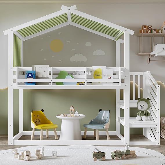 KUIKUI High Sleeper Bed, Bunk Bed with Decorative Canopy and Corner Staircase, Loft Kids Bed with small Picture Bookshelf, 90x190cm, White and Green