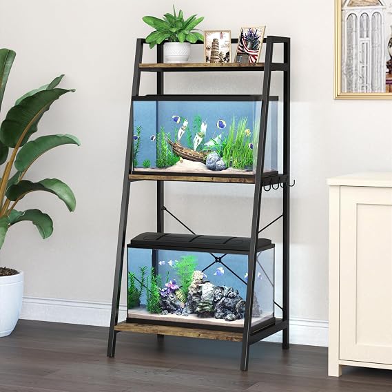 GDLF 5-10 Gallon Fish Tank Stand for 2 Aquariums, 3-Tier Shelves | Space-saving Vertical Design,Dual 10 Gallon Tank Setup, 3-Tier Storage Shelves, Metal Frame, Plant Display Space