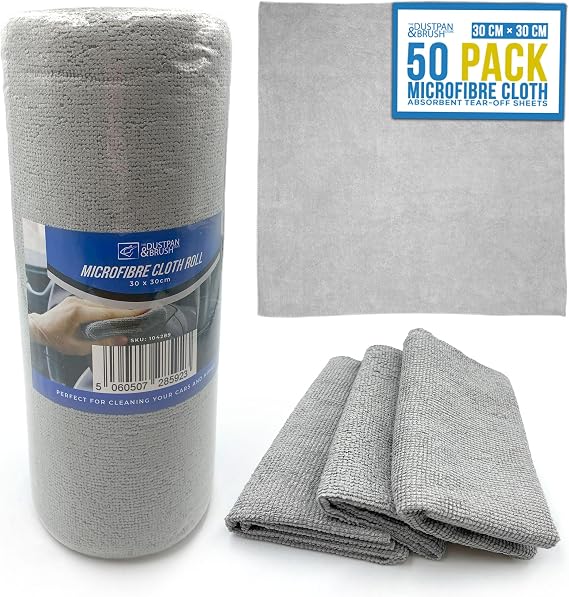 Microfibre Cloth Roll - Pack of 50, Easy Tear-Off Design, Lint Free Cloth, Super Absorbent, Very Soft Cleaning Cloths for Home, Kitchen, Office, Electronics, Car Cleaning - 30cm x 30cm