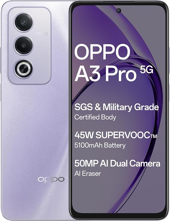 Oppo A3 Pro 5G (Moonlight Purple, 8GB RAM, 256GB Storage)|6.67” HD+ 120Hz Refresh Rate Screen | 45W SUPERVOOC|with No Cost EMI/Additional Exchange Offers