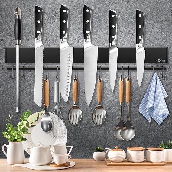 Dmore magnetic knife holder for wallwith 10 hooks, No Drilling 17 Inch black knife magnetic strip, Extra Strong Magnet knife rack, include Adhesive Tape and screws for Knives and Tools