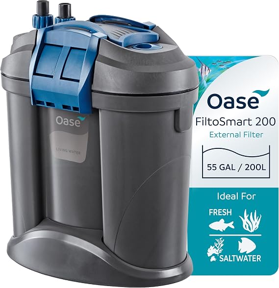 Oase FiltoSmart 200 Canister Filter for Aquariums Quiet, Space-Saving External Filter with Multi-Stage Filtration, No-Mess Maintenance, For Freshwater & Saltwater Tanks Up to 55 Gallons