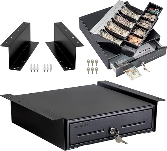 Volcora Cash Register Drawer with Under Counter Mounting Metal Bracket, 13" Black Cash Drawer for POS, 4 Bill 5 Coin Cash Tray, Fully Removable 2Tier Compartment 12-24V RJ11/RJ12 Key-Lock