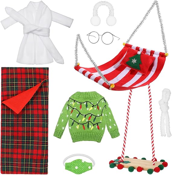 Aoriher 9 Pcs Christmas Doll Accessories Set Includes Sleeping Bag Bathrobe Mask Ear Muffs Scarf Glasses Hammock Sweater(Bulb)