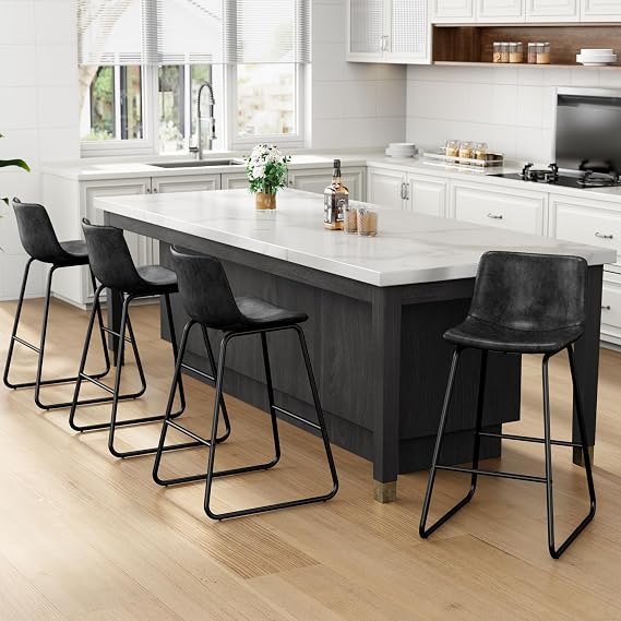 REONEY Bar Stools Set of 4, 26" Urban Faux Leather Counter Stools, Black