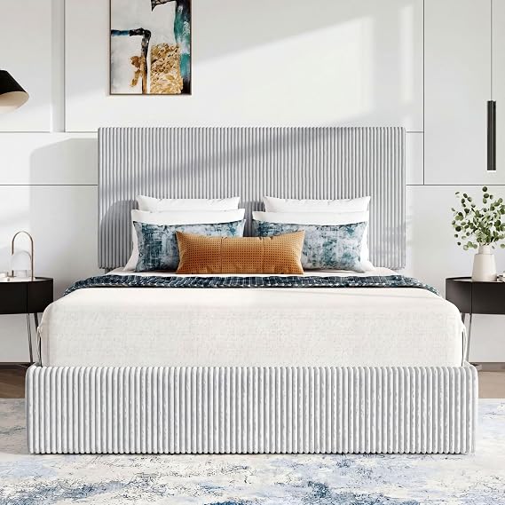 SHA CERLIN Full Size Corduroy Bed Frame with Adjustable Headboard, Grey