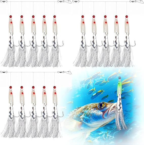 15Pcs/3Pack Luminous Mackerel Feathers for Fishing, Mackerel Bass Cod Lures Sabiki Rigs, Ideal Sea Fishing Lures for Deep Sea & Night