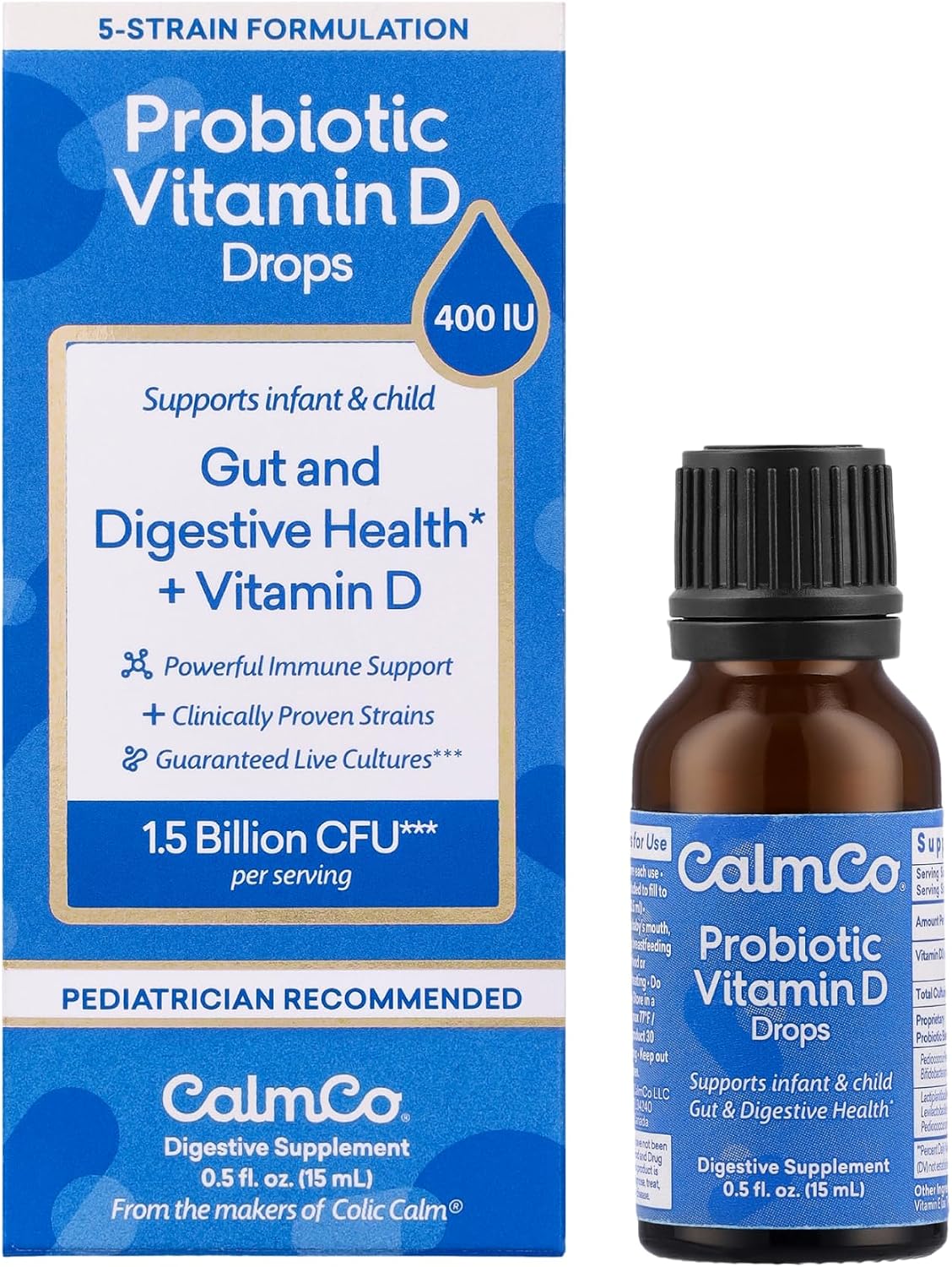 CalmCo Probiotic Vitamin D Drops, Clinically Proven Strains, May Support Infant & Child Gut and Digestive Health, Powerful Immune Support and  Live Cultures, 0.5 fl. Oz. 15 mL, 1pk