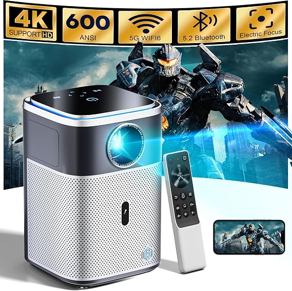 [Auto Focus 4K Support] Projector with Wifi and Bluetooth, 4K Projector Support Full HD 1080P Video Projector, 600ANSI Movie Projector, Auto 6D Keystone&Zoom,400" Max Bild (Black)
