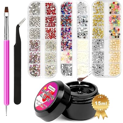 Morovan Nail Rhinestone Glue Gel Kit, 15ml Nail Glue Gems and Rhinestones No Wipe Adhesive Resin Gem Stones Nail Jewels Diamonds Gel Nail Polish with Crystals for Nails Decoration DIY Nail Art Tools