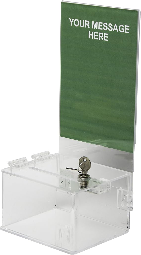 Clear-Ad - Clear Acrylic Ballot & Donation Box 5x3x4 with Lock and Sign Holder - Plastic Container for Voting, Charity, Survey, Raffle, Contest, Suggestions, Tips, Comments, Coins (Pack of 2)