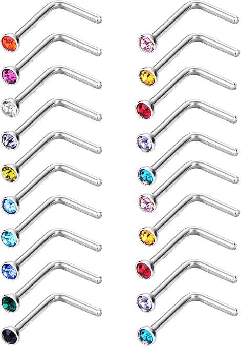 Mudder 20 Pieces Curved Nose Stud Stainless Steel Nose Ring Crystals L Bend Nose Screw Piercing, 20 Gauge