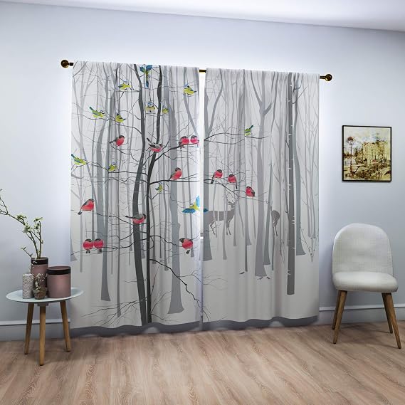 Factory4me Birch Tree Curtains Bird Pattern Black and White Nature Drapes | Woodland Decorative Tall Branches Curtains Window Set of 2 84 Inch Panels for Living Room Bedroom Kitchen Nursery