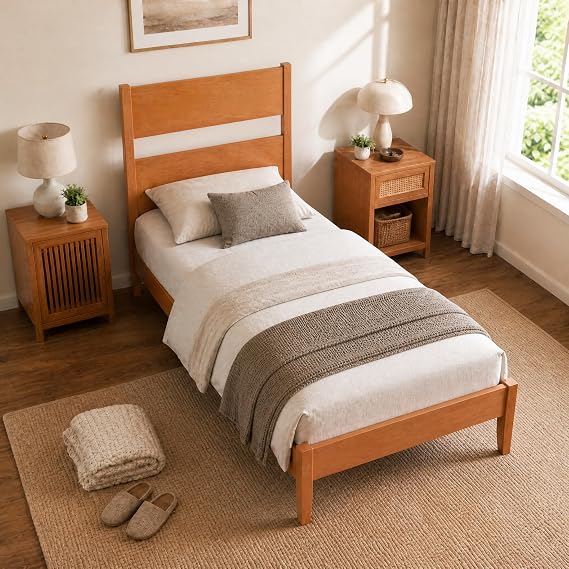 KOMFOTT Twin Size Rubber Wood Bed Frame with Tall Headboard, Caramel Brown