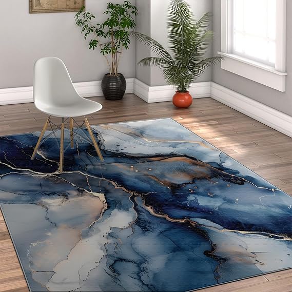 Blue Marble Texture Area Rug 120x180cm - Modern Luxury Home Decor Large Rugs for Living Room Gold Thread Mbellishment Rug Non Slip Runner