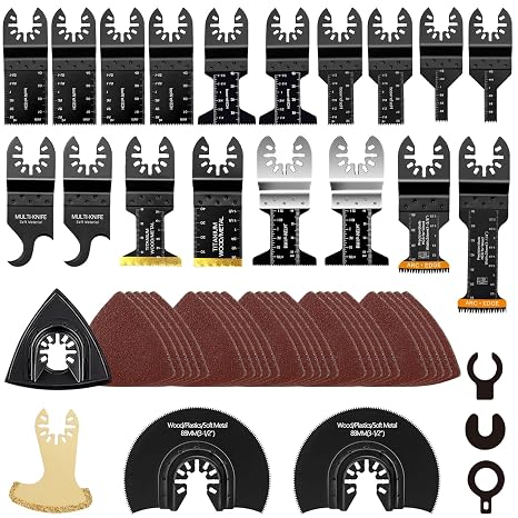 50 PCS Universal Oscillating Tool Blade Kits, 13 Types Titanium Multitool Blades & Sandpaper Accessories, Oscillating Saw Blades Fit Dewalt Bosch Dremel Milwaukee Ryobi & More