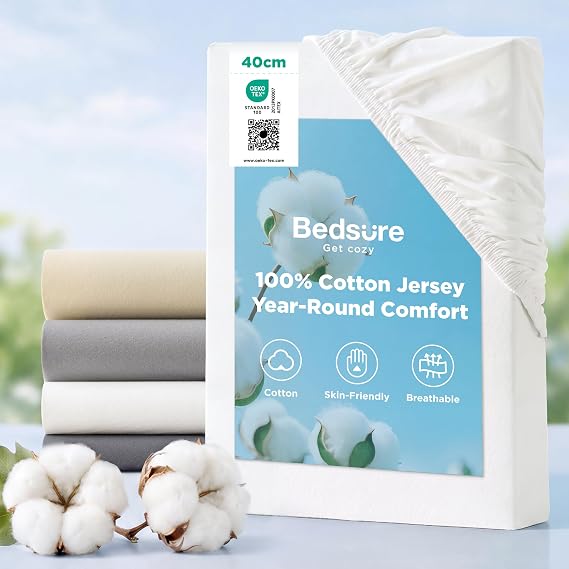Bedsure Double Fitted Sheet Deep - 100% Cotton Jersey, 40cm, White