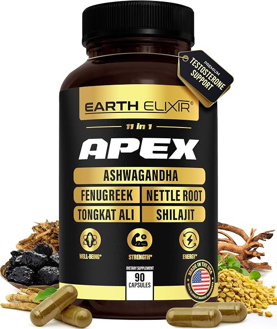 Apex Testosterone Supplement for Men 11-in-1 Formula with Ashwagandha, Fenugreek Capsules, Tongkat Ali, Shilajit for men, Stinging Nettle Root, Vitamin D, Zinc & Boron Natural Vitality & Energy