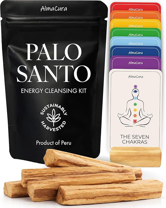 Palo Santo Energy Cleansing Set, 5 Sticks, 7 Chakra Cards & Stand