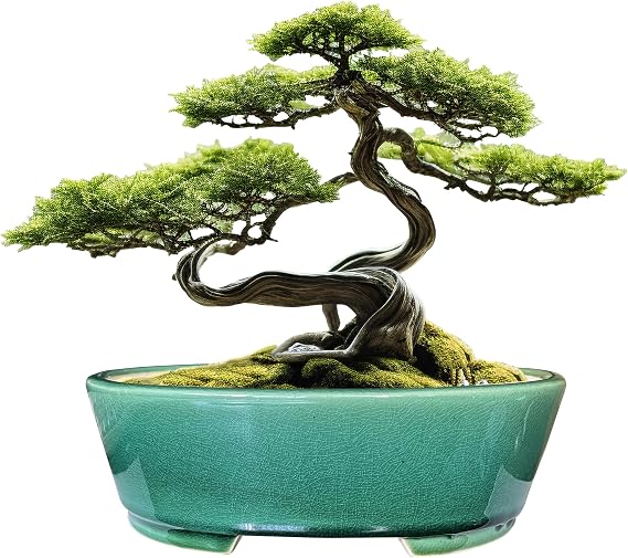 MUZHI 2pcs Green Ceramic Bonsai Planter Pots with Bamboo Tray 6.2 & 5.3, Rectangular Glazed Bonsai & Succulent Cactus Starter Pot with Drainage Ice Crack Design (Crackle Glazed 9")