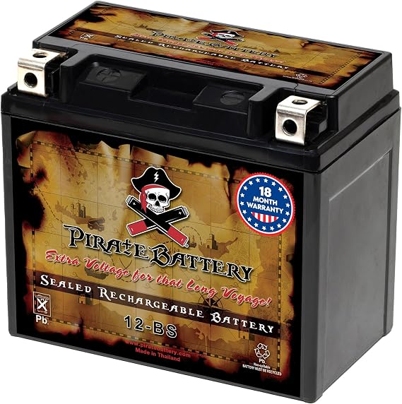 Pirate Battery YTX12-BS Maintenance Free Replacement Battery for ATV, Motorcycle, Scooter, and UTV: 12 Volts, 1.2 Amps, 10Ah, Nut and Bolt (T3) Terminal