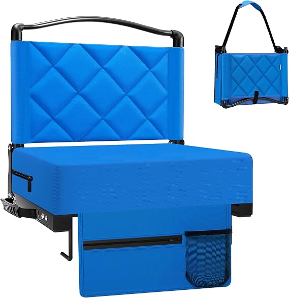 Stadium Seats with Back Support and Cushion Thick Padded Bleacher Chairs with Shoulder Strap, Portable Folding Stadium Seat Chairs for Bleacher Includes Cup Holder and Side Pocket, Blue