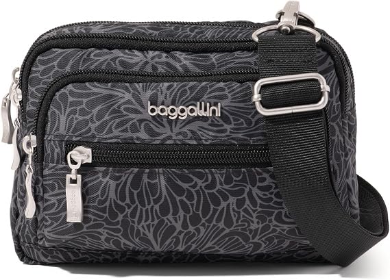 Baggallini Women's Triple Zip Bagg Crossbody Bag, Midnight Blossom Print, Wide Strap