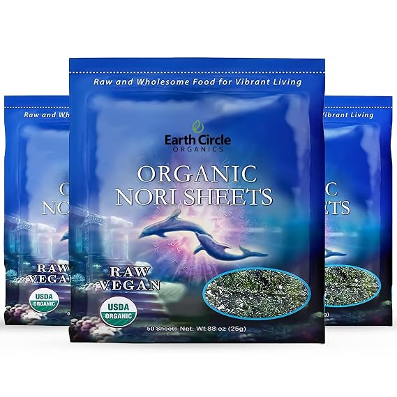 Earth Circle Organics | Organic Nori Seaweed Sheets - Raw, Unheated & Not Roasted | Grade A Certified | Vegan, Paleo, Keto Friendly | Premium Nori for Sushi Rolls & Wraps (50 Sheets, 3 Pack)