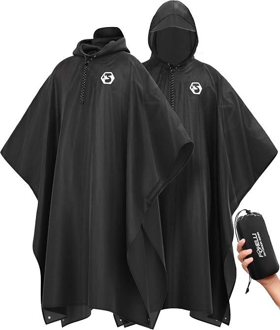 Foxelli Rain Poncho for Adults - XL Coverage Waterproof Lightweight Hooded Poncho Raincoat for Hiking Camping & Travel