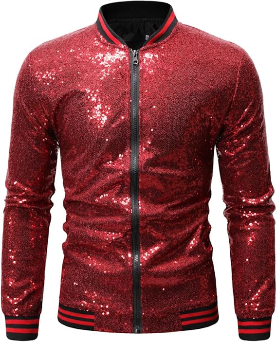 JEShifangjiusu Men's Varsity Sequins Jacket Gold 70's Disco Costume Halloween Party Varsity Jacket Zip-up Baseball Bomber