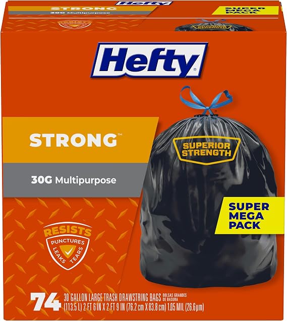 Hefty Strong 30 Gallon Trash Bags with Drawstrings, Black, Unscented, 74ct