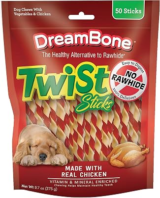 DreamBone Twist Sticks Chews for Dogs, 50 Count, Treat Your Dog to Easy-to-Digest Rawhide-Free Chews Made with Real Vegetables and Chicken