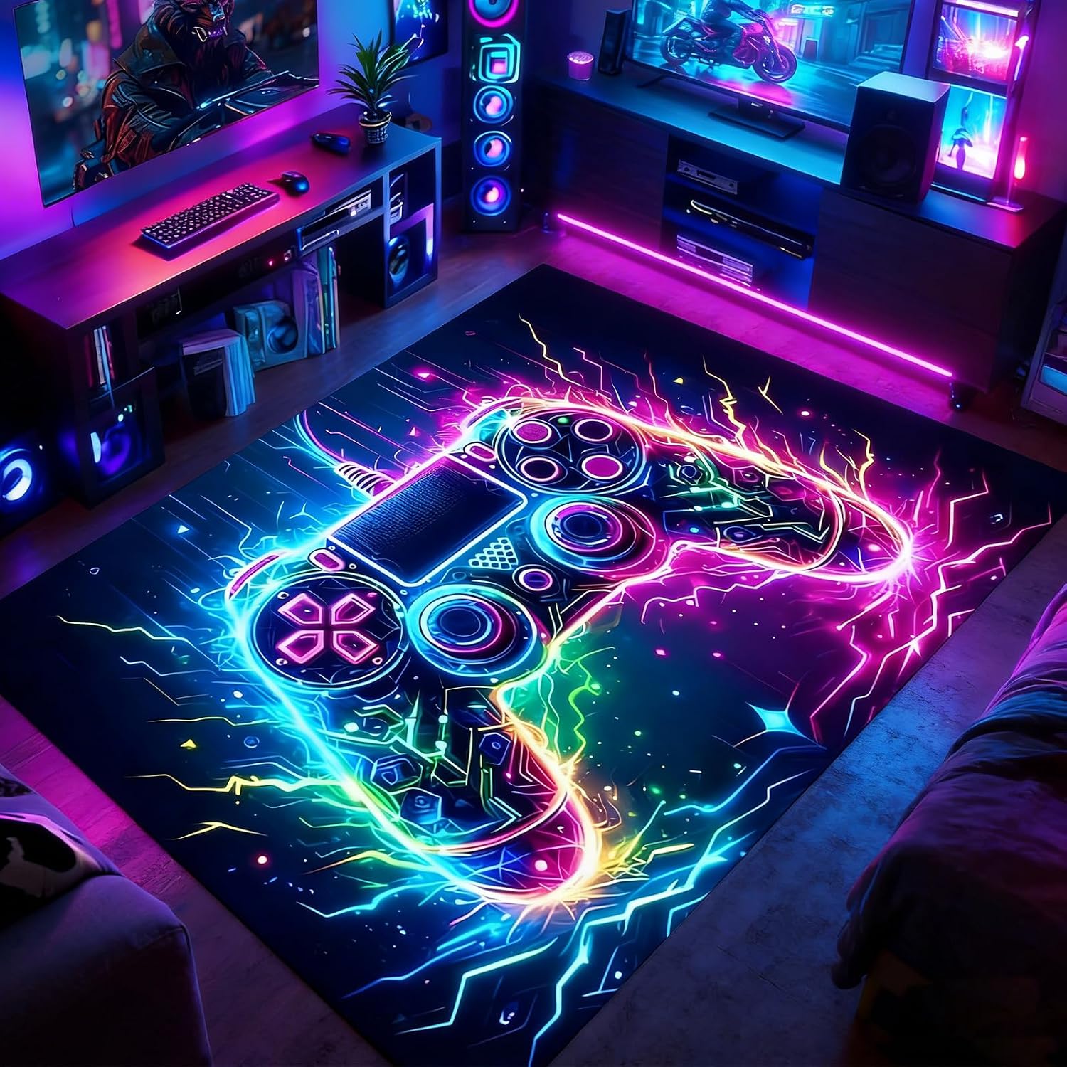 Funvalley Surperfect Gaming Rug for Boys Bedroom – 80 x 120cm Non Slip Video Game Controller Carpet, Soft Gaming Area Rugs for Living Room Playroom Decor
