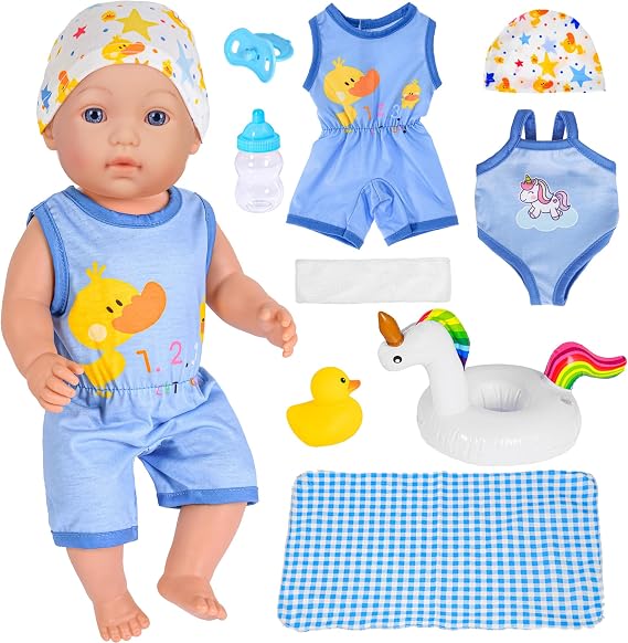 9pc Doll Clothes Accessories Set Include Romper, Bikini, Hat, Towel, Blanket, Nipple, Bottle, Swim Ring, Duck Toys For 43cm / 17inch Baby Dolls (No Doll)