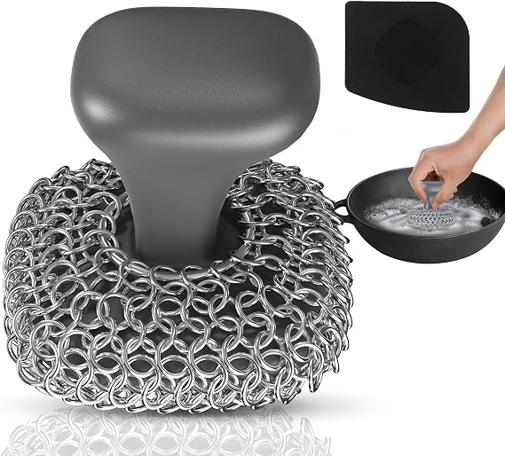 Cast Iron Scrubber Dish Scrub Brush for Cast Iron Pan Skillet | 316 Cast Iron Cleaner, Chain Mail Scrubber Cast Iron, Dish Scouring Pad, Dishwasher Safe, Cleaning Kit, Grey