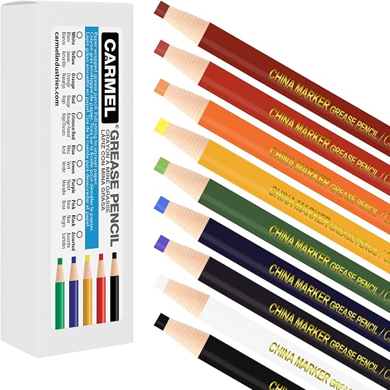 Carmel Grease Pencil, Box of 12 (Assorted Colors), Pull String Grease Pencil, Paper Wrapped Wax Pencil for Marking Smooth Surfaces Including Plastic, Metal, Ceramics & Polished Stone