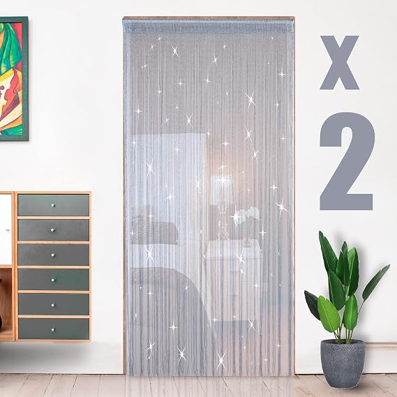 Hysenm 2 Pack 39 x 79 Inch Beaded String Door Curtain, Hippie Room Decor Beaded Curtains for Doorway, Closet Curtains, Room Divider Privacy Decor, Boho Home Decoration for Bedroom, Party, Silver | 39 x 79 Inch Boho Tassel Glitter Beaded Curtain for Doorway, Room Divider Privacy Bedroom Wedding Party
