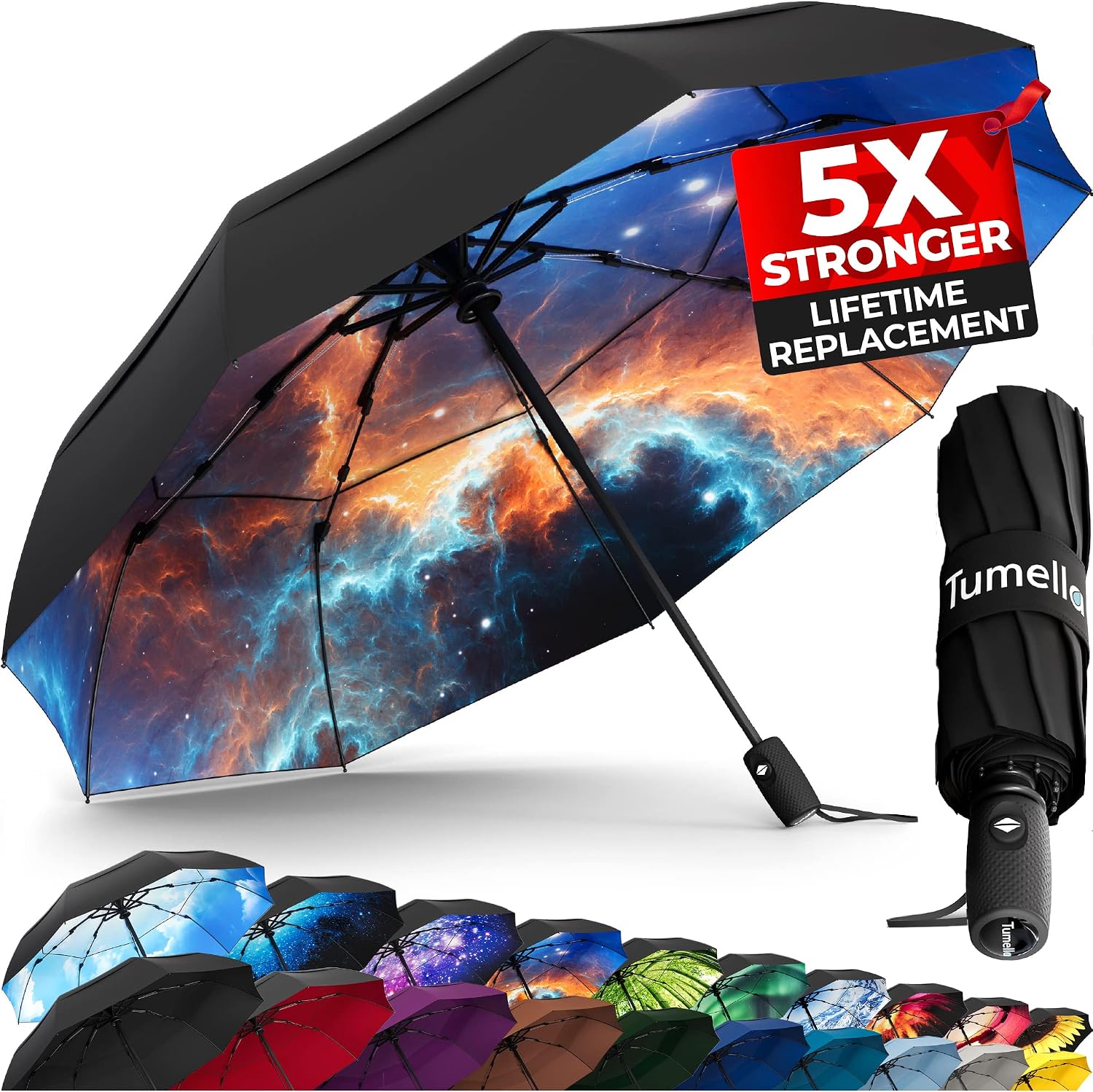TUMELLA Strongest Windproof Travel Umbrella Compact, Superior & Beautiful, Small Strong but Light Portable and Automatic Folding Rain Umbrella, Durable Premium Grip, Fits Car & Backpack