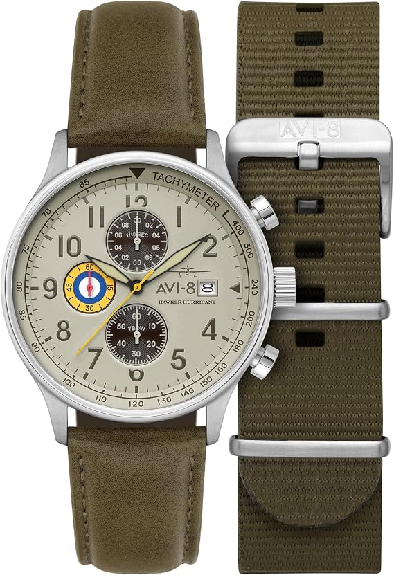 AVI-8 Hawker Hurricane Mens Watch - 42mm Stainless Steel Case, Japanese Quartz Movement, Genuine Leather Strap, Watches for Men, Classic Chronograph - AV-4011