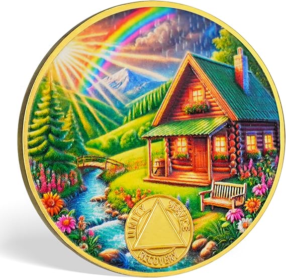 Serenity Prayer Recovery Coin Cabin Design with Unity, Service, and Recovery Triangles Challenge Coin Sobriety Sober Coin NA AA Chips and Medallions (Colorful Cabin, 0 Years)